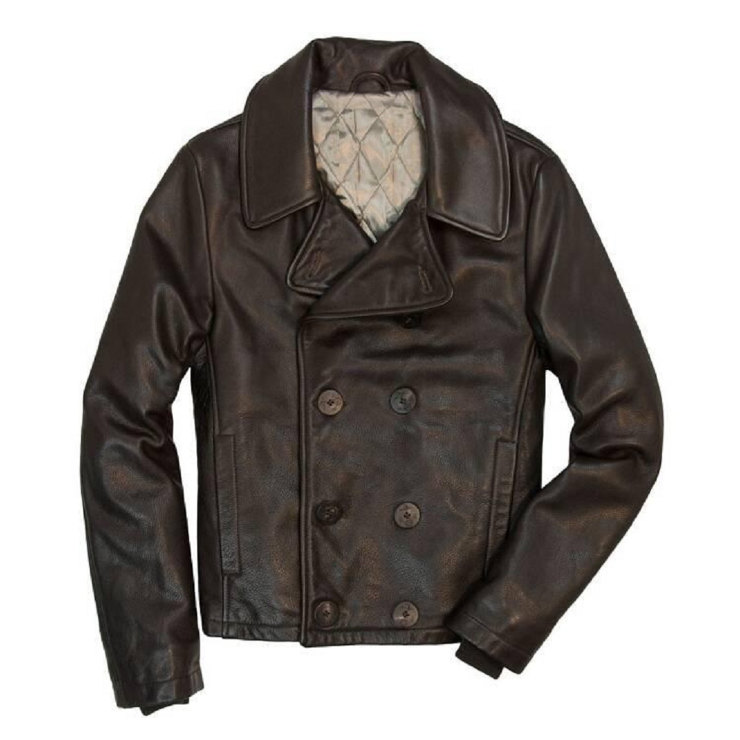 Shop Mens Short Leather Dark Brown Naval Peacoat