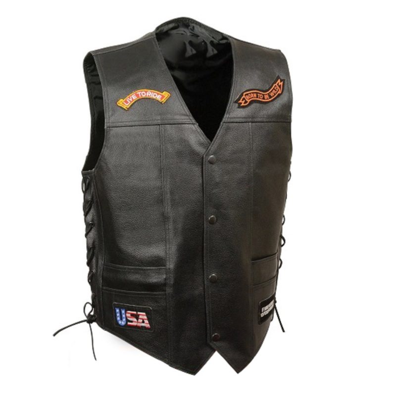 Men's Black Leather Side Lace Live to Ride Pre-Patched Vest
