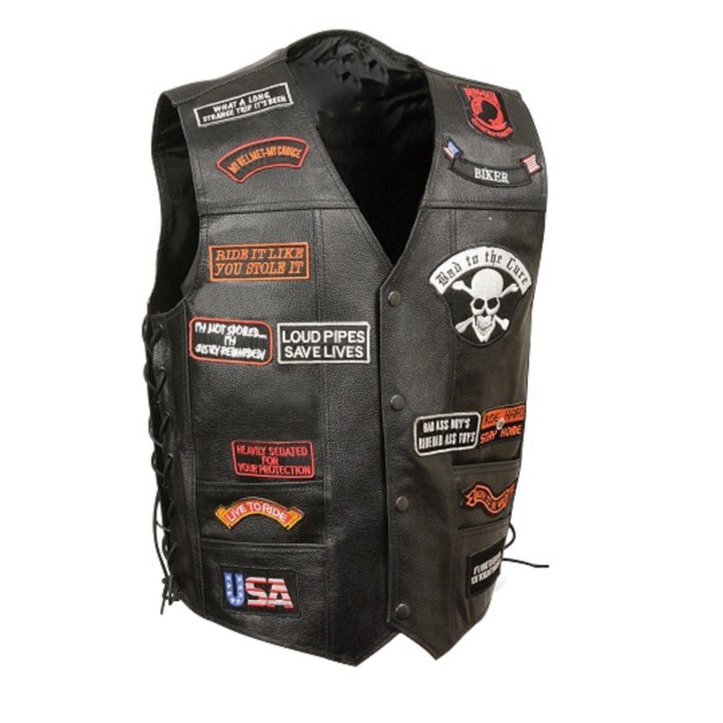Men's Black Side Lace Leather Vest with Patches