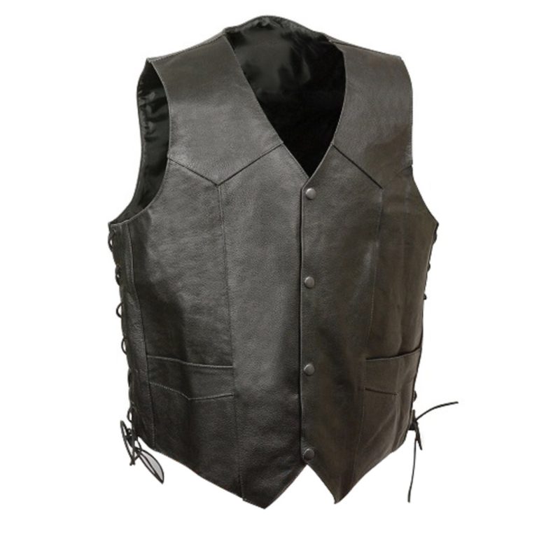 Men's Black Leather Side Lace Vest with Winged Skull Emboss