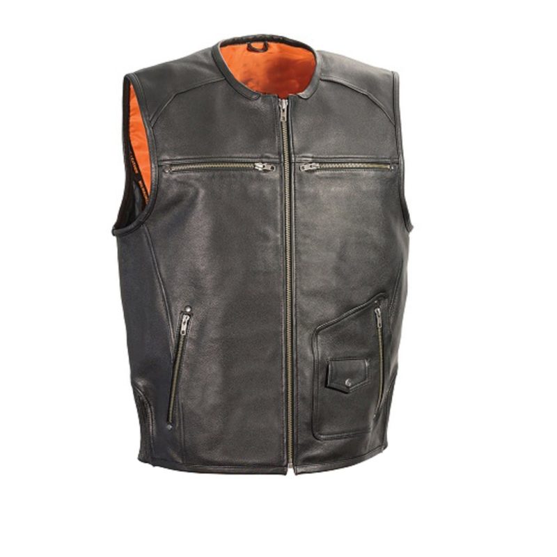 Men's Black Leather Vest with Side Stretch Flex and Gun Pockets