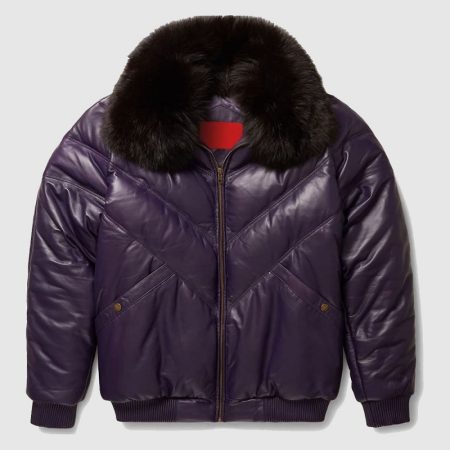 Purple Leather V Bomber Jacket