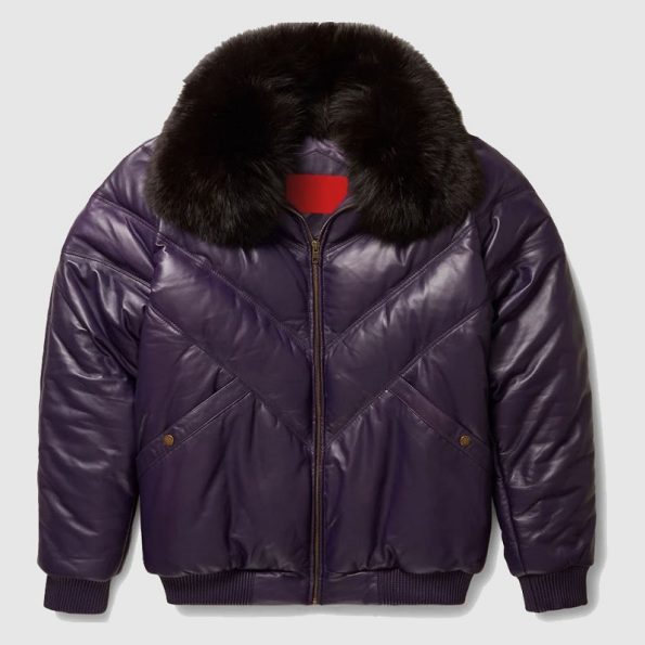 Purple Leather V Bomber Jacket