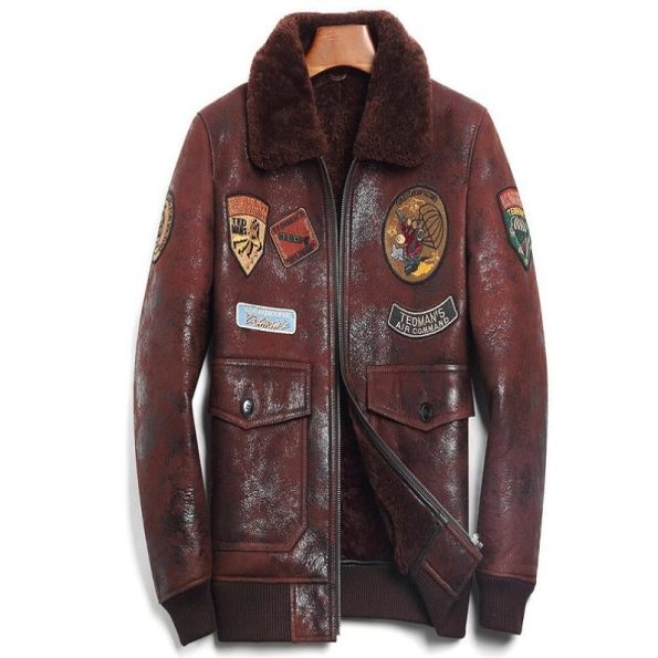 Sheep Skin Wool Brown Leather Pilot Jacket
