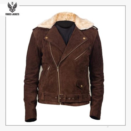 Men Brown Suede Shearling Jacket