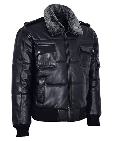 Black Puffer Shearling Flight Bomber Jacket