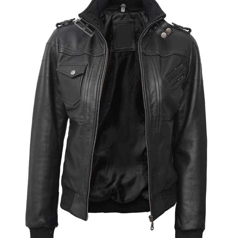 Edinburgh Womens Black Leather Hooded Jacket FJ