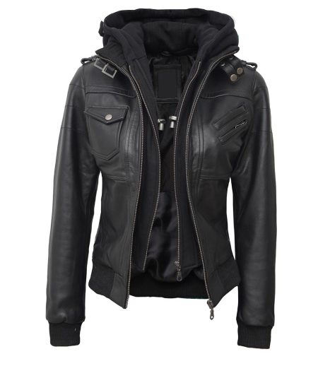 Edinburgh Womens Black Leather Hooded Jacket