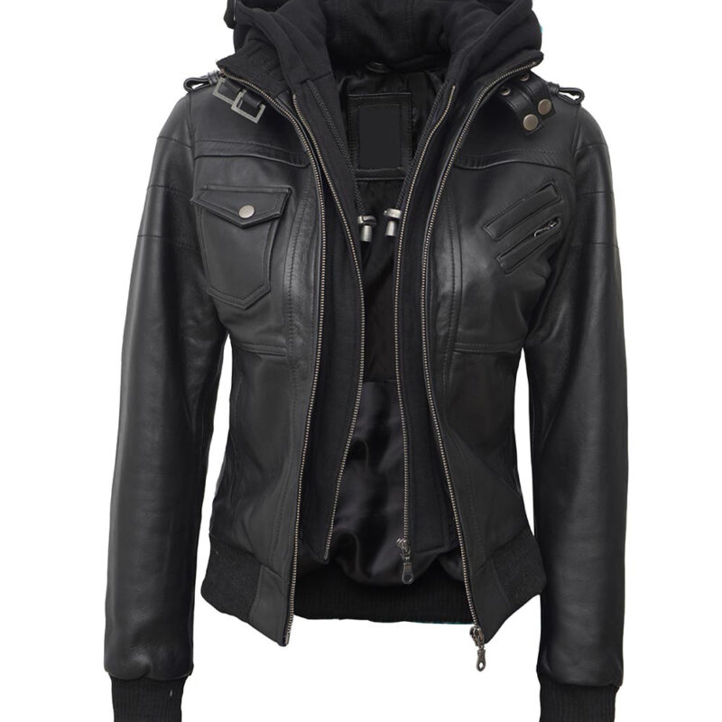 Edinburgh Womens Black Leather Hooded Jacket FJ