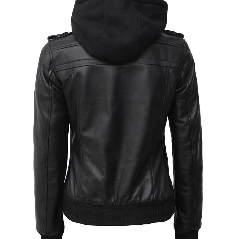 Edinburgh Womens Black Leather Hooded Jacket FJ