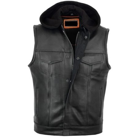HOODED ZIP-UP LEATHER CLUB VEST