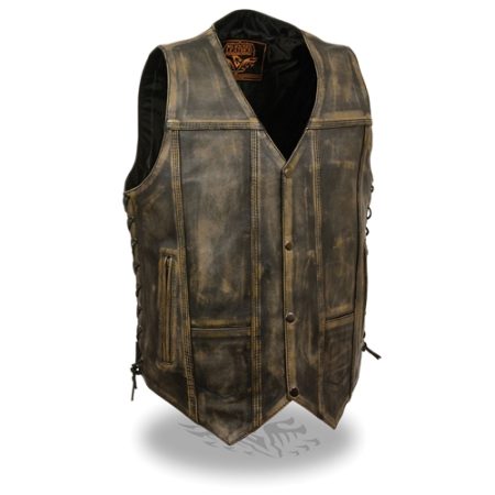 MEN'S DISTRESSED BROWN LEATHER MOTORCYCLE VEST