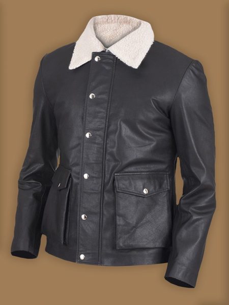 Men Black Button Shearling Leather Jacket