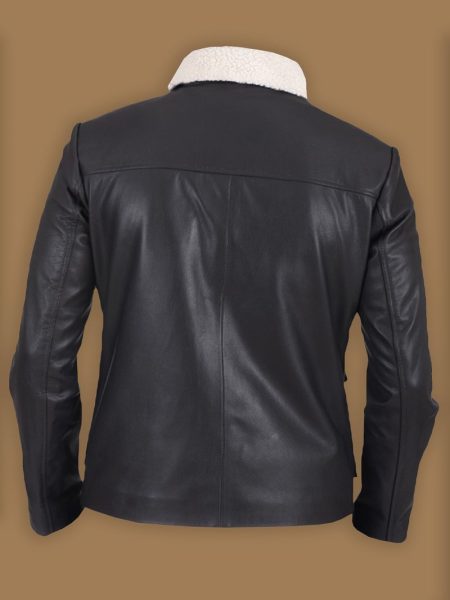 Men Black Button Shearling Leather Jacket