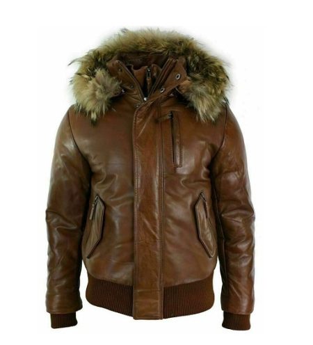 Mens Brown Leather Fur Hood Bomber Jacket