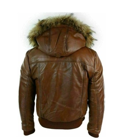 Mens Brown Leather Fur Hood Bomber Jacket