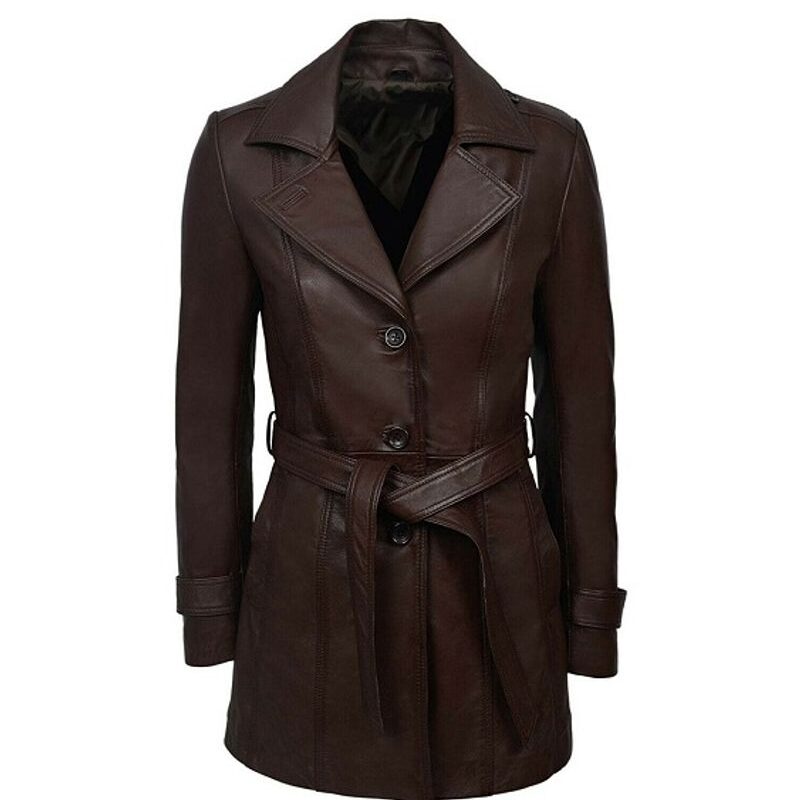 WOMENS DARK BROWN TRENCH BELTED LEATHER COAT