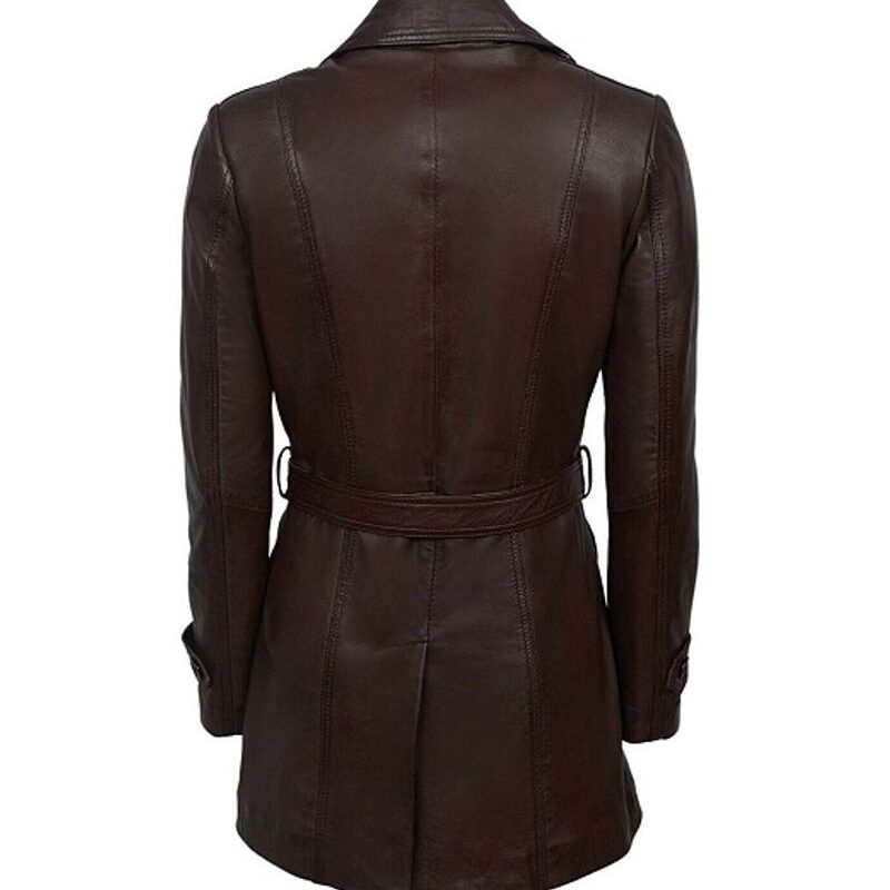 WOMENS DARK BROWN TRENCH BELTED LEATHER COAT