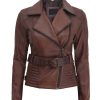 Women Brown Belted Asymmetrical Biker Jacket
