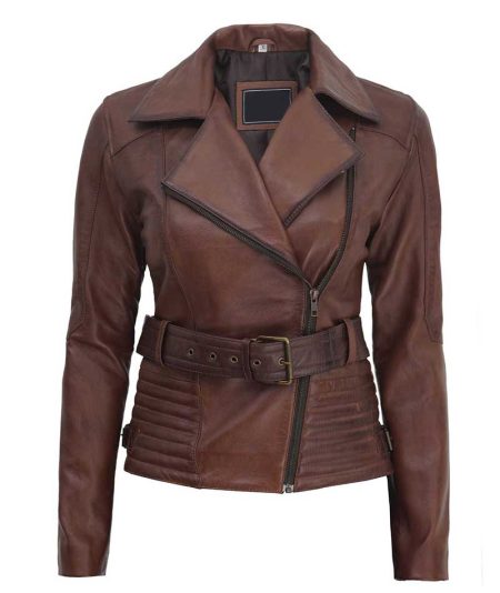 Women Brown Belted Asymmetrical Biker Jacket