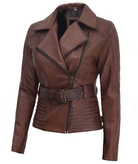 Women Brown Belted Asymmetrical Biker Jacket