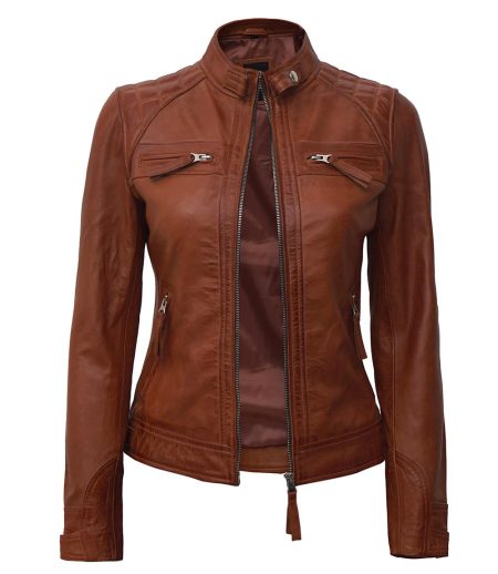 Women Tan Quilted Motorcycle Leather Jacket