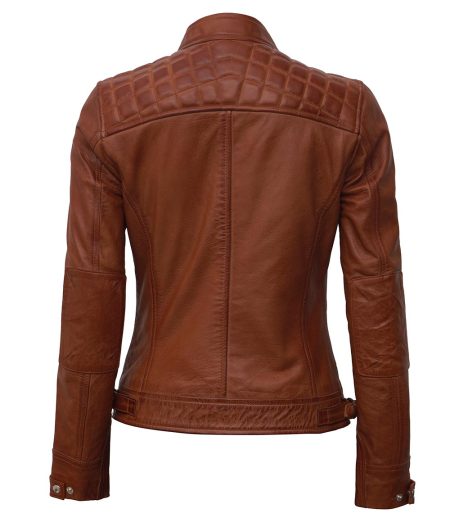 Women Tan Quilted Motorcycle Leather Jacket