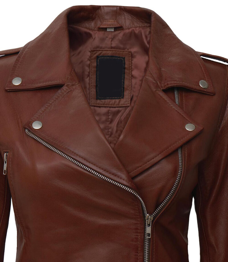 Women’s Asymmetrical Coffee Brown Biker Jacket 1