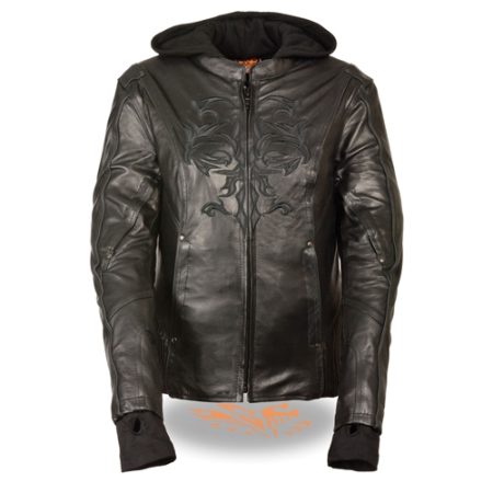 Women's Leather Motorcycle Jacket With Removable Hoody