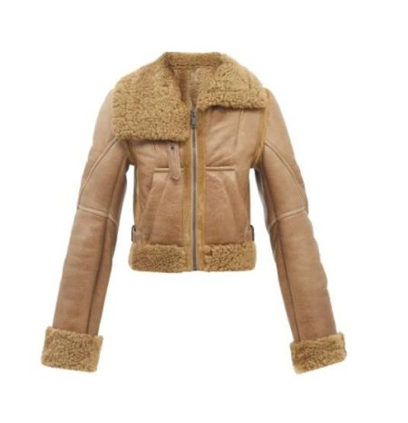 Asymmetric Collar Shearling Lined Leather Flight Jacket
