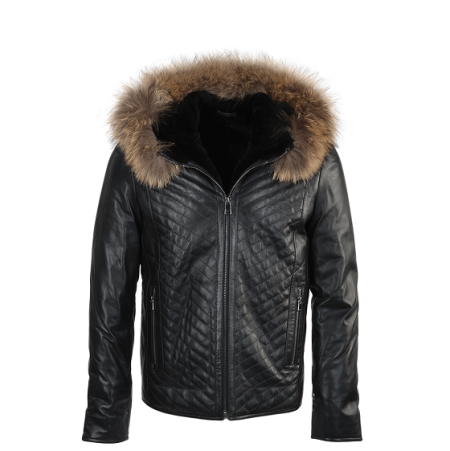 Faux Fur Lambskin Leather Black Jacket