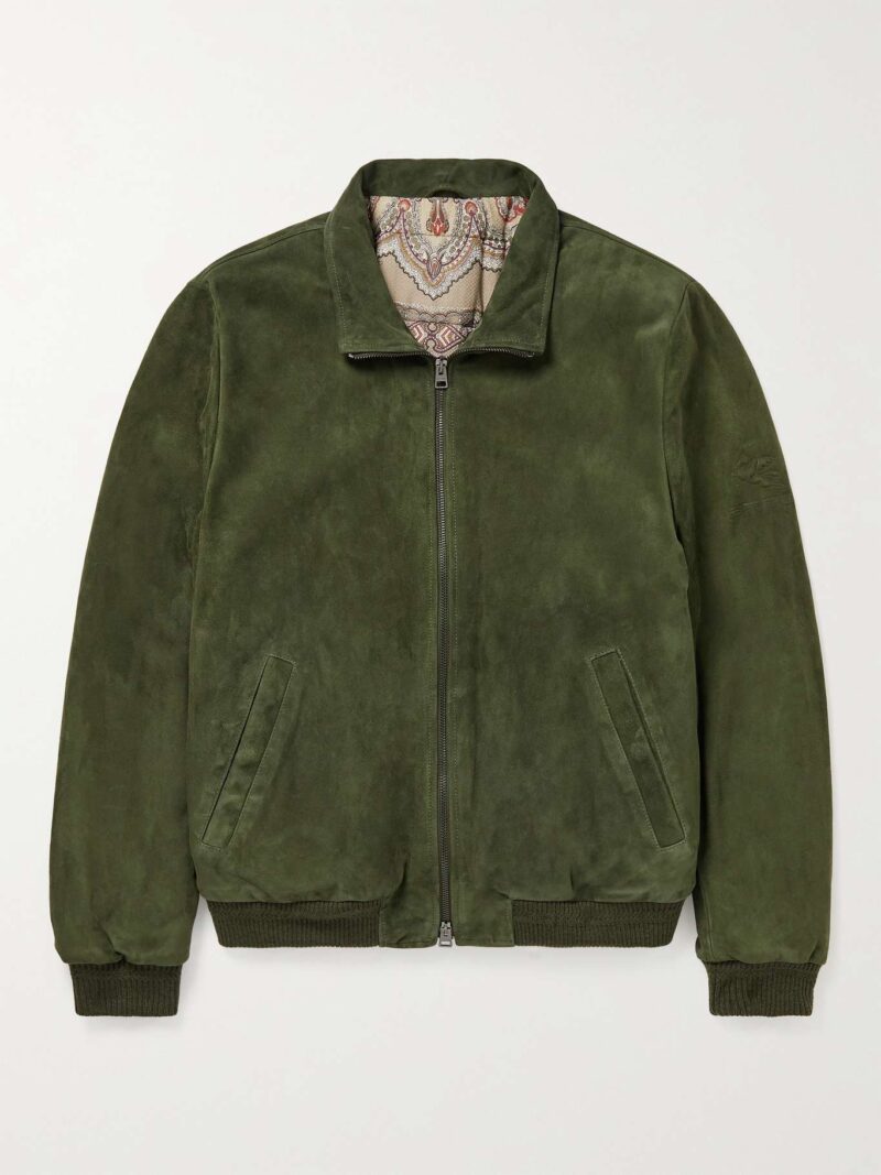 Green Padded Suede Bomber Jacket