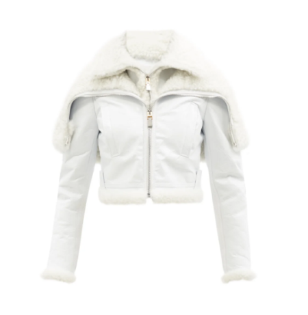 Hooded Shearling Lined White Leather Jacket