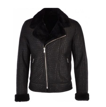 Mens Crocodile Print Sheepskin Black Coat