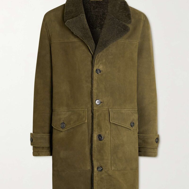 Olive Green Slim-Fit Suede Coat - Forces Jackets