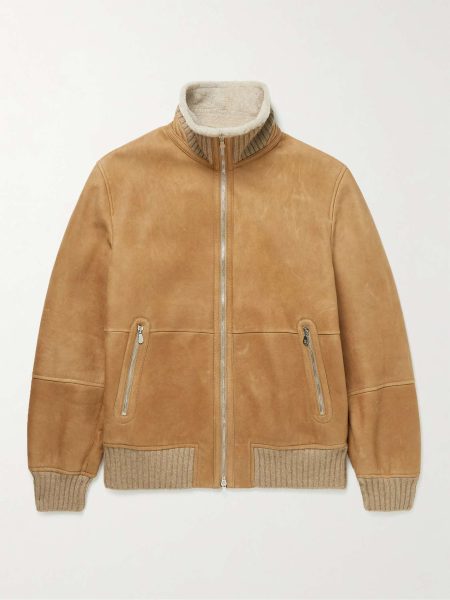 Shearling Cashmere-Trimmed Suede Bomber Jacket