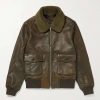 Shearling Trimmed Green Leather Bomber Jacket
