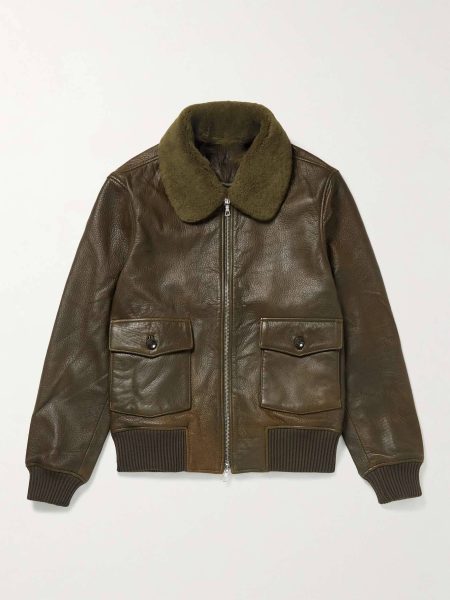 Shearling Trimmed Green Leather Bomber Jacket