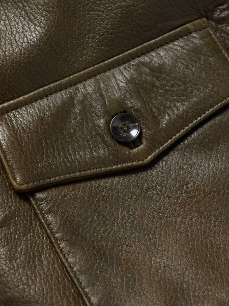 Shearling Trimmed Green Leather Bomber Jacket