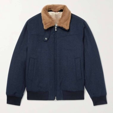 Shearling-Trimmed Navy Wool Bomber Jacket - Forces Jackets