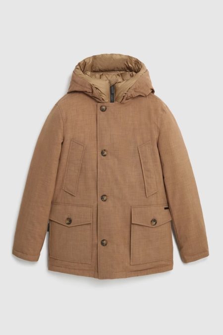 Camel Brown Parka High Wool Effect Fabric Jacket