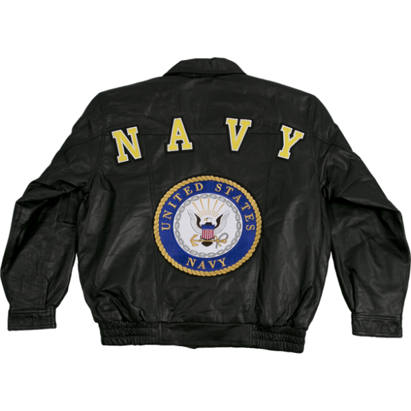 Back view of Navy Leather Bomber Jacket