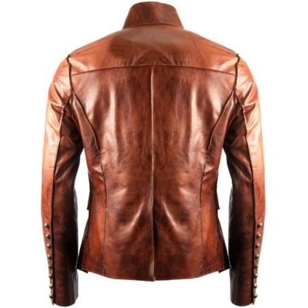 Back view of Men's Military Fitted Tan Leather Jacket