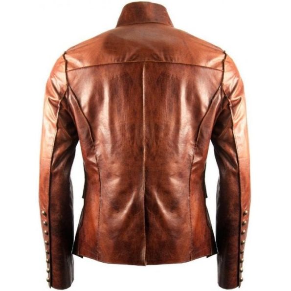 Back view of Men's Military Fitted Tan Leather Jacket