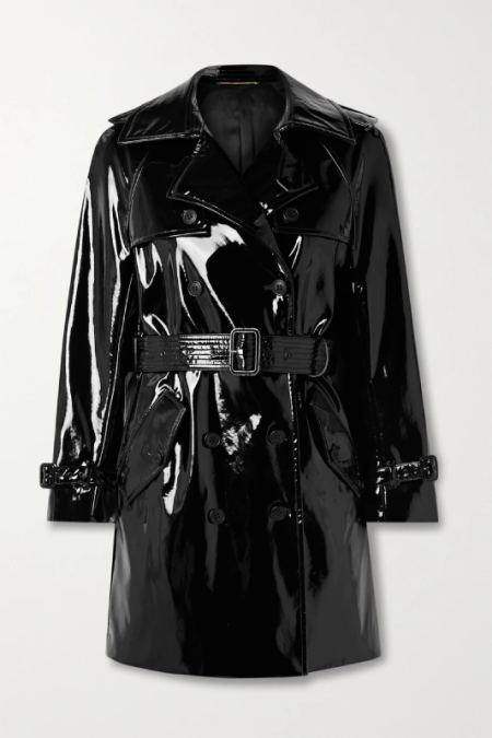 Belted Faux Patent-Leather Trench Coat
