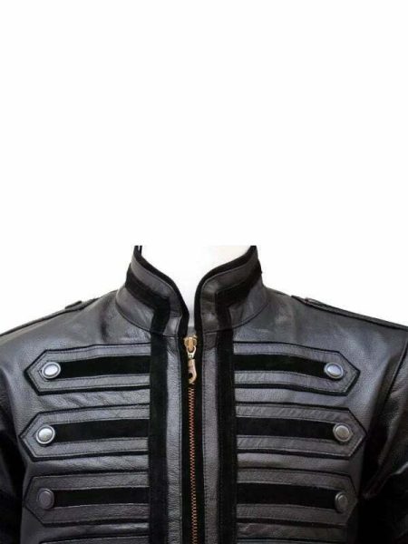 Collar view of Black Military Leather Jacket