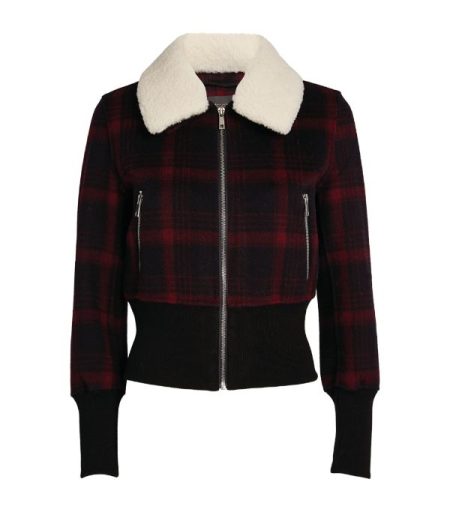 Check Faux Fur Collar Flight Jacket