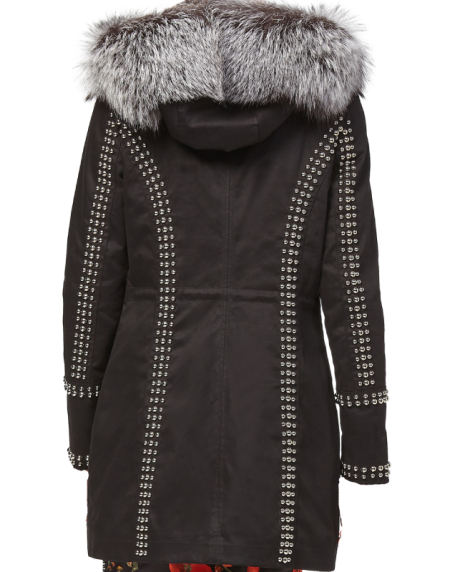 Back view of Parka Fur Leather Stud Jacket