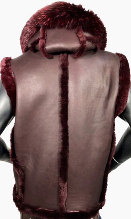 Back view of Sheepskin Maroon Leather Fox Fur Vest