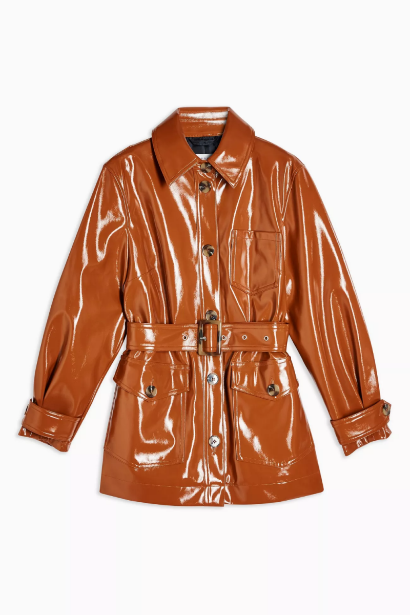 Shiny-Brown-Belted-Leather-Coat